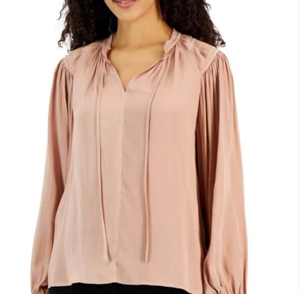 Joie Women's Blush Pink Silky Tie Neckline Ruffle Blouse Size XXS